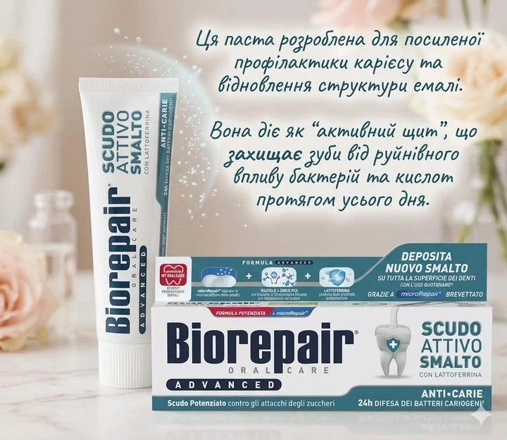 Професійна зубна паста проти карієсу Biorepair Advanced scudo attivo smalto anti-carie 75 мл - изображение 4