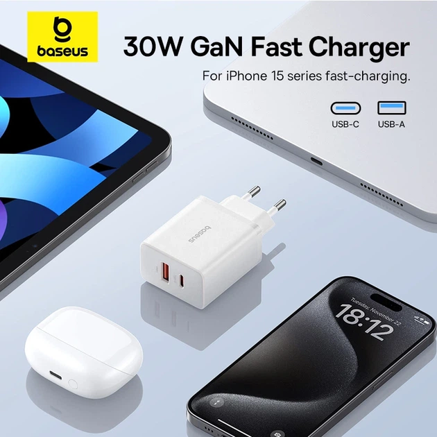 Мережевий зарядний пристрій Baseus Cube Fast Charger C+U 30W EU Moon White - Фото 11 Мережевий зарядний пристрій Baseus Cube Fast Charger C+U 30W EU Moon White - изображение 11