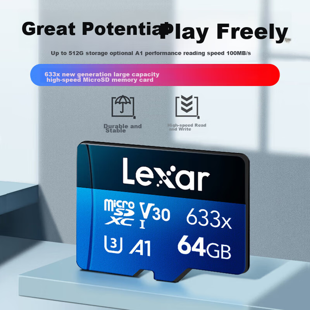 Карта памяти Lexar 633x microSDXC 64GB UHS-I U3 V30 A1 (LSDMI64GBBCN633N) - Фото 2 Карта памяти Lexar 633x microSDXC 64GB UHS-I U3 V30 A1 (LSDMI64GBBCN633N) - изображение 2