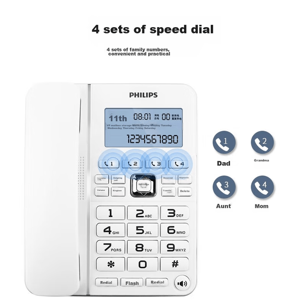 Стаціонарний телефон PHILIPS, стаціонарний телефон для офісного та домашнього використання, набір одним дотиком, переадресація викликів, визначення номера, CORD228 білий - зображення 3
