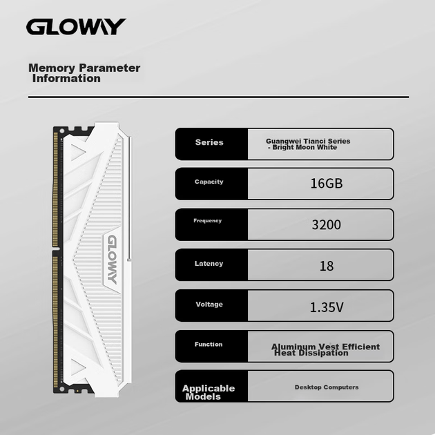 Модуль оперативной памяти Gloway 16 ГБ DDR4 3200 для настольных компьютеров, планка Tianche RAM Bar, чипы Premium Chips, CL18, цвет Moonlight White, аксессуар для компьютера AI. - изображение 5