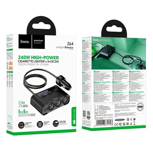 Автомобильный разветвитель прикуривателя HOCO Z64 Anshun 240W, 2xUSB-C + 2xUSB-A, PD + QC3.0, 3 гнезда, дисплей напряжения, быстрая зарядка, черный - изображение 2