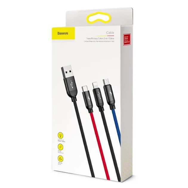 Кабель Baseus 3 в 1 Three Primary Colors USB to Lightning / Micro-USB / Type-C, 3.5A, 0.3м, швидка зарядка, чорний - зображення 2