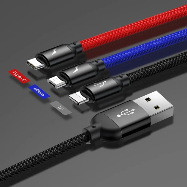 Кабель Baseus 3 в 1 Three Primary Colors USB to Lightning / Micro-USB / Type-C, 3.5A, 0.3м, швидка зарядка, чорний - зображення 6