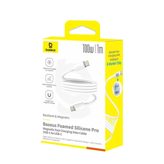 Кабель Baseus Foamed Silicone Pro Magnetic Type-C to Type-C 100W, 1 м, магнітний, швидка зарядка, білий - Фото 2 Кабель Baseus Foamed Silicone Pro Magnetic Type-C to Type-C 100W, 1 м, магнітний, швидка зарядка, білий - зображення 2