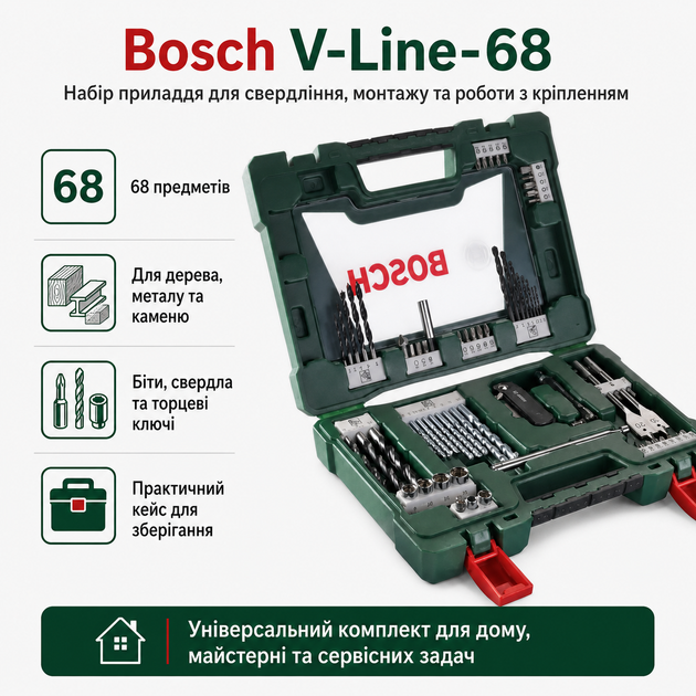 Набор инструментов Bosch V-Line-68 68 предметов универсальный комплект Зеленый - изображение 2
