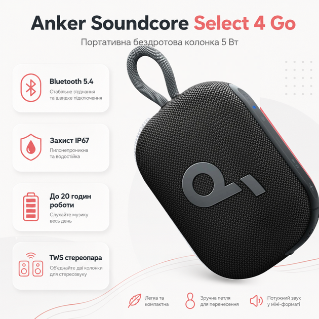 Портативная беспроводная колонка Anker SoundCore Select 4 Go 5W Bluetooth 5.4 IP67 Black (A31X1011) - изображение 2