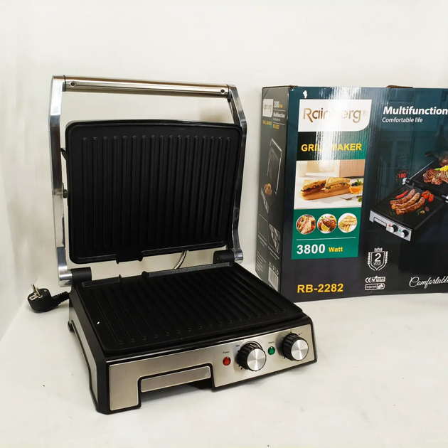 Гриль электрический Rainberg 3800Вт контактный прижимной для мяса сэндвичей панини антипригарное покрытие - изображение 2