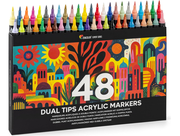 Акриловые маркеры Zenacolor 48 цветов Double Tip (Brush + Fine) / Перманентные маркеры для рисования - Фото 1 Акриловые маркеры Zenacolor 48 цветов Double Tip (Brush + Fine) / Перманентные маркеры для рисования - изображение 1