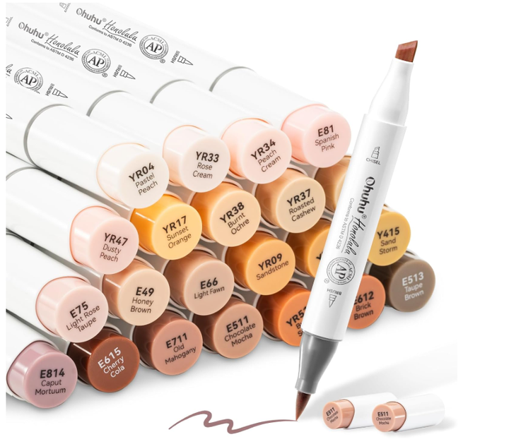 Ohuhu Alcohol Markers для кожи, 24 цвета, двусторонние (конец кисточка + косой кончик), для художников, рисования портретов - Фото 1 Ohuhu Alcohol Markers для кожи, 24 цвета, двусторонние (конец кисточка + косой кончик), для художников, рисования портретов - изображение 1