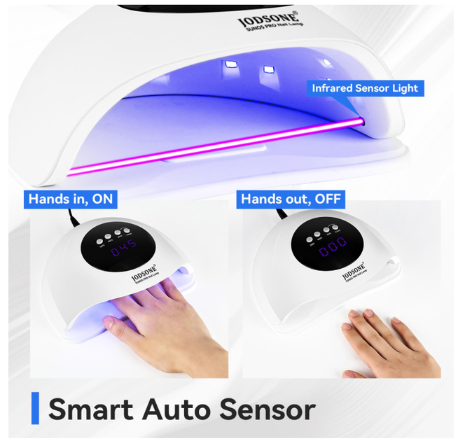 UV LED лампа для маникюра JODSONE 48W с авто сенсором и 4 таймерами, профессиональная лампа для сушки гель-лака (белая) - изображение 4