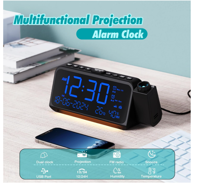 Будильник с проекцией времени Radio Alarm Clock, цифровые настольные часы с USB/Type-C, двойной будильник, температура и дата - изображение 6