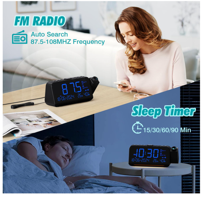 Будильник с проекцией времени Radio Alarm Clock, цифровые настольные часы с USB/Type-C, двойной будильник, температура и дата - изображение 8