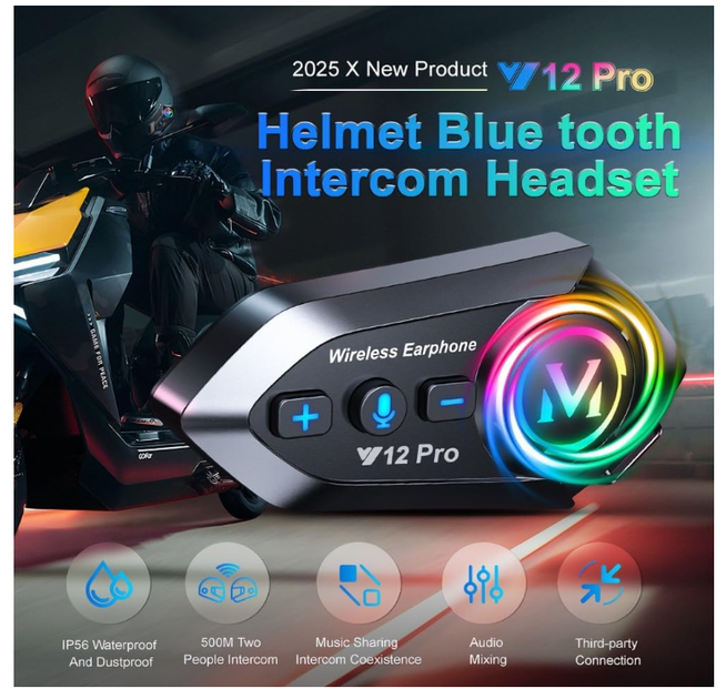 Мото Bluetooth гарнітура Y12 Pro Intercom для шолома, 500 м, IPX6, шумозаглушення, музика, 20 год роботи, 1000 mAh - Фото 6 Мото Bluetooth гарнітура Y12 Pro Intercom для шолома, 500 м, IPX6, шумозаглушення, музика, 20 год роботи, 1000 mAh - зображення 6