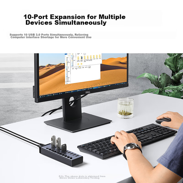 USB-концентратор UGREEN 3.0, высокоскоростная док-станция расширения на 10 портов, разветвитель для ноутбуков и настольных компьютеров, адаптер-конвертер «один к одному» с удлинительным кабелем и блоком питания. - изображение 2