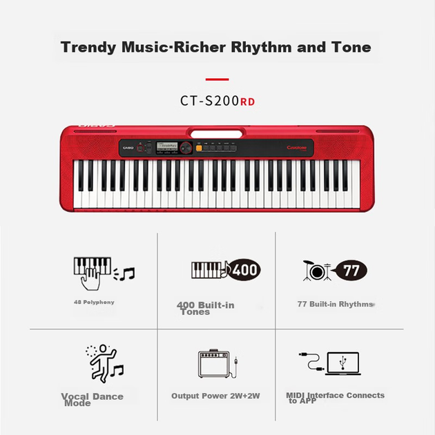 Электронная клавиатура CASIO CTS200 белого цвета, стильная, портативная, модная игрушка для детей и взрослых, для развлечения и обучения, 61 клавиша, автономная модель. - изображение 2