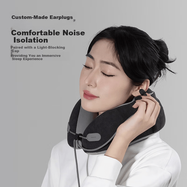 U-образная подушка для шеи Fuju Sleep, дорожная подушка с капюшоном, маской для глаз, берушами, для офиса и самолета, серая. - изображение 2