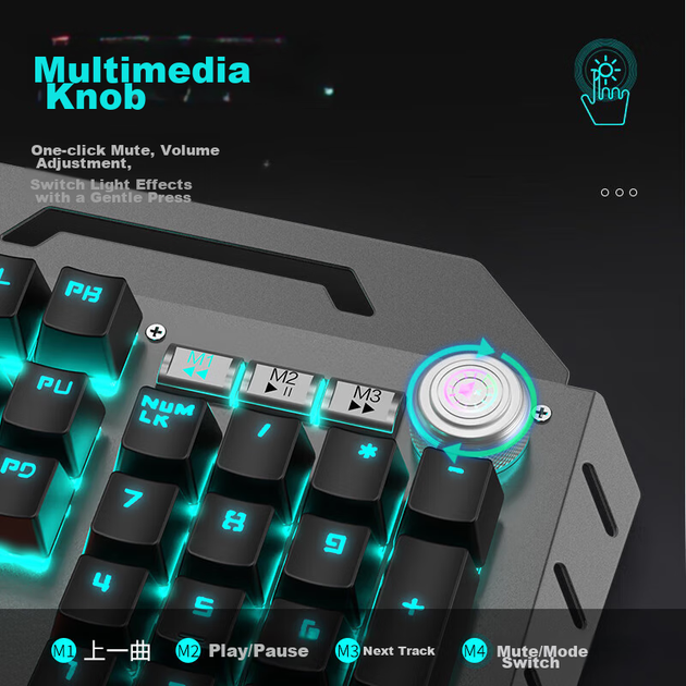 Механическая клавиатура и мышь EWEADN TK900, проводной игровой комплект для настольных компьютеров и ноутбуков, офисного использования, внешний многофункциональный регулятор, 104 клавиши, черные переключатели с синей подсветкой. - изображение 4