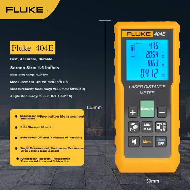 Ручной лазерный дальномер FLUKE 404E-40m, инфракрасный измеритель расстояния, измерительный инструмент, электронная линейка, лазерная линейка. - изображение 2