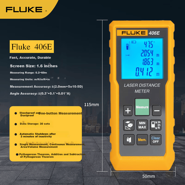 Ручной лазерный дальномер FLUKE 406E-60m, инфракрасный дальномер, измерительный инструмент, электронная линейка, лазерная линейка. - изображение 2