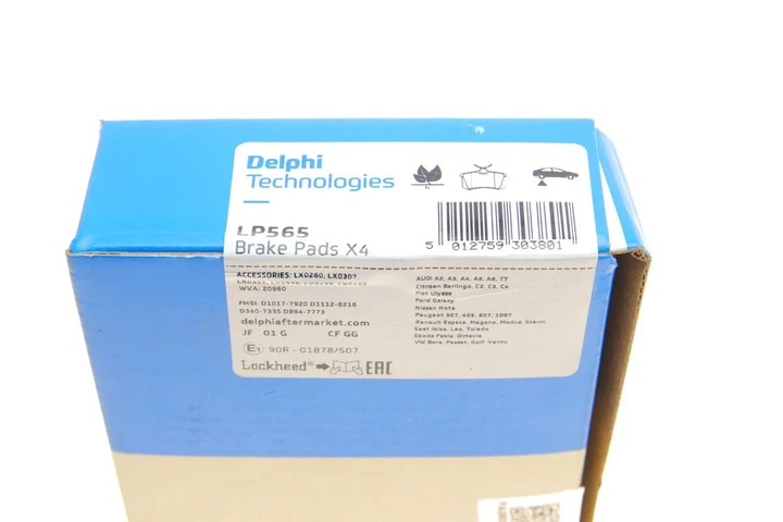Колодки гальмові Delphi LP565 Volkswagen Golf, Caddy, Polo, Passat, Jetta, Sharan; Peugeot 207; Citroen C4, Berlingo, C3, C2; Skoda Octavia; Renault Megane; Seat Ibiza, Leon 1027640, 1027650, 1029782 - зображення 6