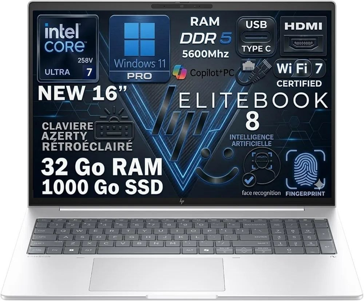 Ноутбук HP EliteBook 8 G1i 16 AI, Intel Core Ultra 7 258V, 32GB DDR5/1TB SSD, 16", PC IA Copilot+, WiFi7, Aluminium, Backlit, Fing - изображение 5