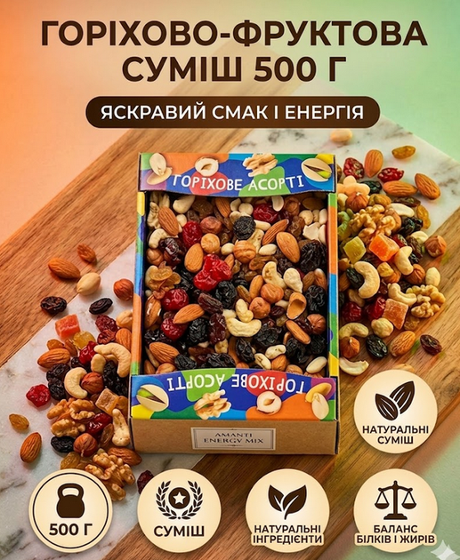 Горіхова суміш Amanti 500 г, добірні горіхи та сухофрукти, натуральний мікс у коробці - Фото 1 Горіхова суміш Amanti 500 г, добірні горіхи та сухофрукти, натуральний мікс у коробці - зображення 1