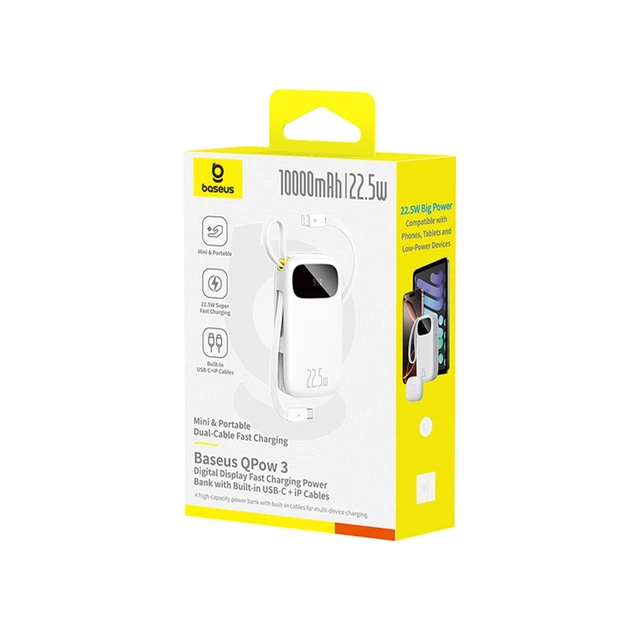 Powerbank Baseus EnerFill FC31 20000mAh 22.5W з дисплеєм з 2 вбудованими кабелями білий (6932172691202) - Фото 6 Powerbank Baseus EnerFill FC31 20000mAh 22.5W з дисплеєм з 2 вбудованими кабелями білий (6932172691202) - зображення 6