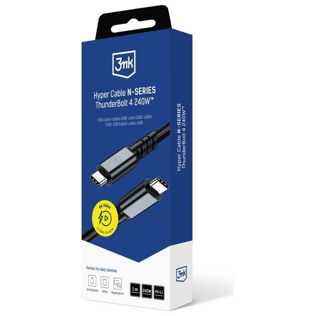 Кабель 3MK Hyper Cable N-SERIES USB-C Thunderbolt 4 1m 48V/5A 40Gb/s 240W 8K60Hz Black (5903108682008) - Фото 8 Кабель 3MK Hyper Cable N-SERIES USB-C Thunderbolt 4 1m 48V/5A 40Gb/s 240W 8K60Hz Black (5903108682008) - изображение 8