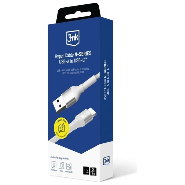 Кабель 3mk Hyper Cable N-Series USB-A to USB-C 1m 18W White (5903108680370) - Фото 8 Кабель 3mk Hyper Cable N-Series USB-A to USB-C 1m 18W White (5903108680370) - изображение 8