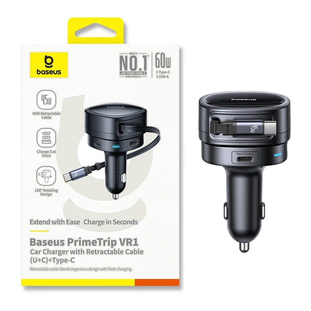 Автомобильная зарядка Baseus PrimeTrip VR1 60W USB-A USB-C с кабелем USB-C Черный (6932172690274) - изображение 2