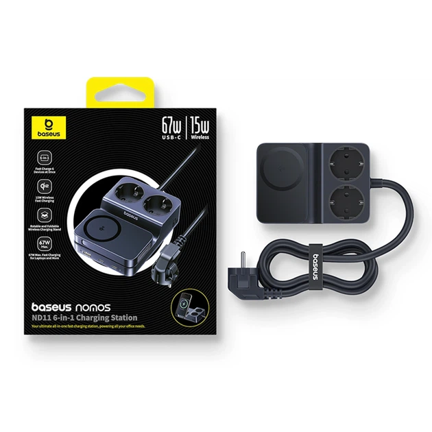 Зарядная станция Baseus NOMOS ND11 67W 6в1 беспроводная с двумя розетками AC Black (6932172689704) - изображение 5