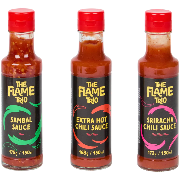 Набір гострих соусів The Flame Trio Hot Sauces Sambal Extra Hot Chili Sriracha 450 мл - Фото 2 Набір гострих соусів The Flame Trio Hot Sauces Sambal Extra Hot Chili Sriracha 450 мл - зображення 2