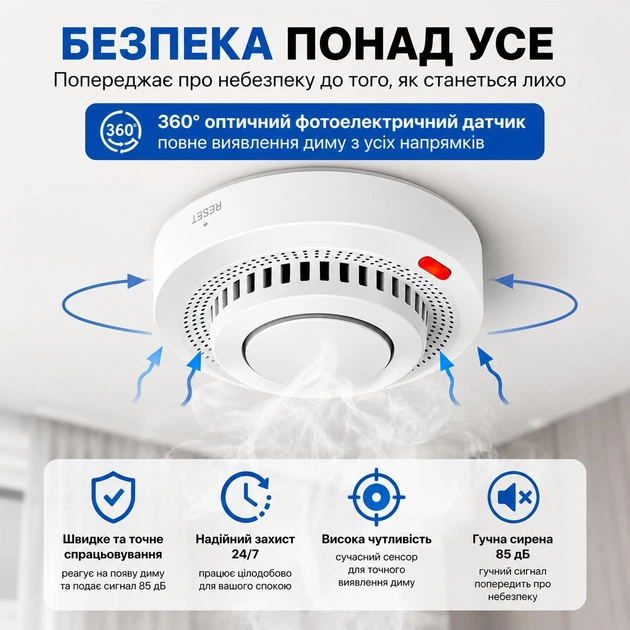 Розумний Wi-Fi датчик диму DYGSM Tuya Smart / Smart Life 85 дБ — сигналізація пожежі з повідомленням на смартфон, WiFi, Білий - изображение 2