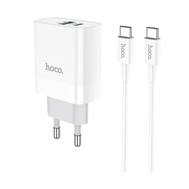 Мережевий зарядний пристрій Hoco C80A 20W PD QC3.0 USB + USB-C кабель Type-C to Lightning (1м) — White (741425) - зображення 2