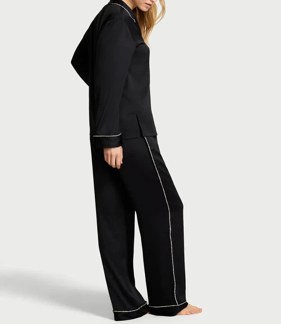 Пижама Сатиновая (рубашка + брюки) Victoria's Secret Glazed Satin Shine Long Pajama Set S Regular Черный - Фото 4 Пижама Сатиновая (рубашка + брюки) Victoria's Secret Glazed Satin Shine Long Pajama Set S Regular Черный - изображение 4