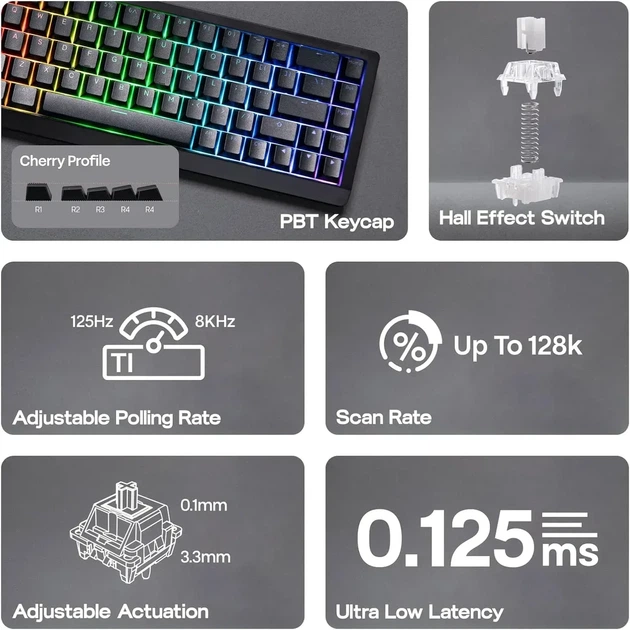 Магнітна клавіатура Epomaker HE68 Lite Black, Hall Effect, Rapid Trigger, 8000 Гц опитування, A-RGB підсвічування, 65% - зображення 8