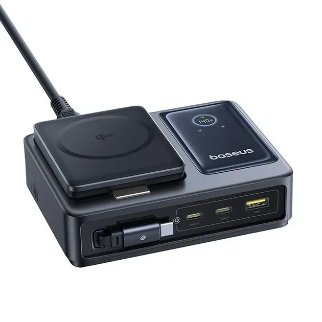Сетевое зарядное устройство Baseus Nomos 5-in-1 Qi2 Desktop Charger with 100W Retractable Type-C Cable & 15W MagSafe Wireless Charging CCNMS140 Black - изображение 4
