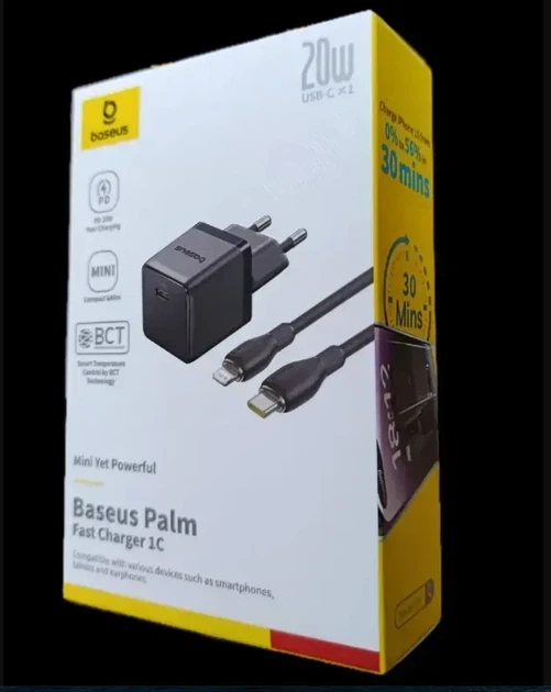 Сетевое зарядное устройство Baseus Palm Fast Charger Type-C 20W with Cable Type-C to Lightning E0116401 Black - Фото 7 Сетевое зарядное устройство Baseus Palm Fast Charger Type-C 20W with Cable Type-C to Lightning E0116401 Black - изображение 7