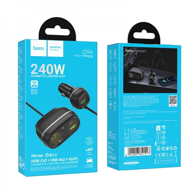 Разветвитель прикуривателя 2 гнезда + 4 USB (2×USB-C PD 30W + 2×USB-A) Hoco Z59A Black (785050) - изображение 3