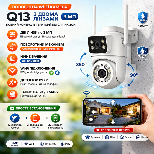 Поворотная Wi-Fi камера Q13 с двумя линзами 3 МП и ночным видением - изображение 2