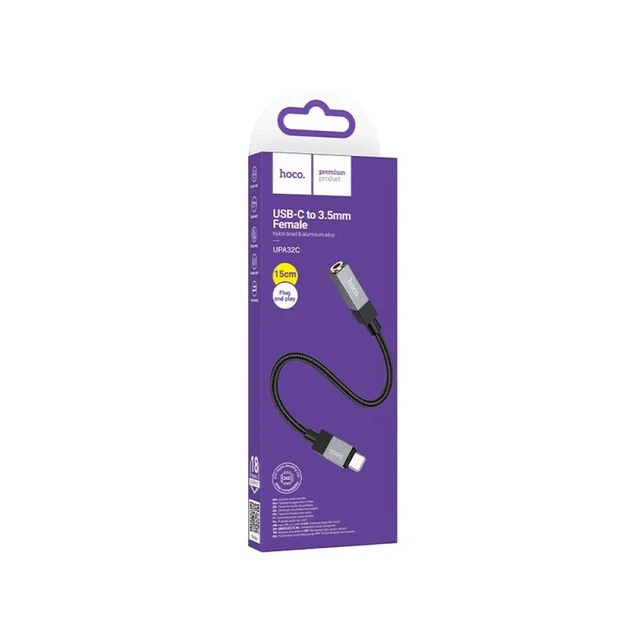 Перехідник HOCO UPA32C Clever USB Type-C to 3.5 мм AUX, цифровий аудіоконвертер, Hi-Fi, 15 см, чорний - Фото 2 Перехідник HOCO UPA32C Clever USB Type-C to 3.5 мм AUX, цифровий аудіоконвертер, Hi-Fi, 15 см, чорний - зображення 2