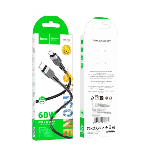 Кабель HOCO X109 Energy USB Type-C to USB Type-C 60W, силіконовий кабель для швидкої зарядки та передачі даних, 3 м, чорний - зображення 2