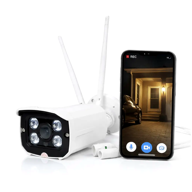 Внешняя WiFi камера видеонаблюдения 2 Мп поворотная с режимом день ночь белая для внутреннего и уличного применения - Фото 1 Внешняя WiFi камера видеонаблюдения 2 Мп поворотная с режимом день ночь белая для внутреннего и уличного применения - изображение 1