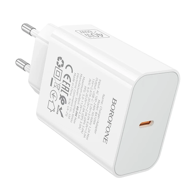 Мережевий зарядний пристрій BOROFONE BA109A Star single port PD40W charger (EU) White - Фото 4 Мережевий зарядний пристрій BOROFONE BA109A Star single port PD40W charger (EU) White - зображення 4