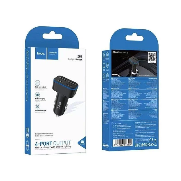 Автомобільний зарядний пристрій HOCO Z63 Barry four-port car charger Black - Фото 2 Автомобільний зарядний пристрій HOCO Z63 Barry four-port car charger Black - изображение 2