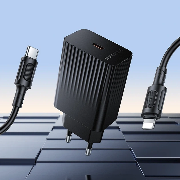Мережевий зарядний пристрій з кабелем BOROFONE BAS75A Source single port PD30W charger set (C to iP) (EU) Black - зображення 4