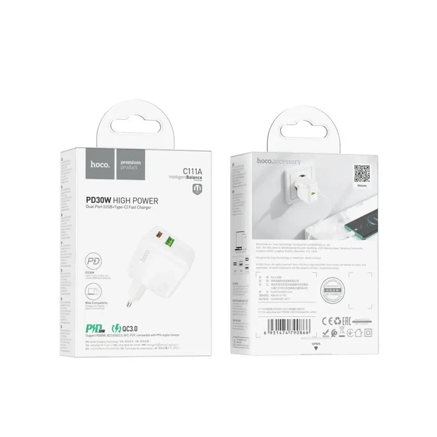Мережевий зарядний пристрій HOCO C111A Lucky dual-port PD30W+QC3.0 charger White - зображення 2