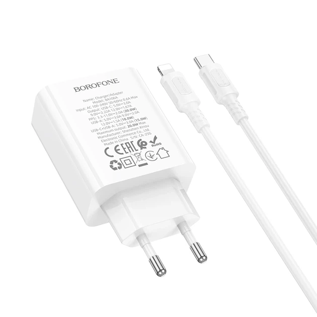 Мережевий зарядний пристрій з кабелем BOROFONE BA106A Stellar PD20W+QC3.0 charger set (C to iP) (EU) White - зображення 6