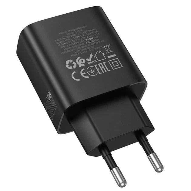 Мережевий зарядний пристрій BOROFONE BA97A Ilustre single-port PD30W charger with digital display (EU) Black - зображення 7